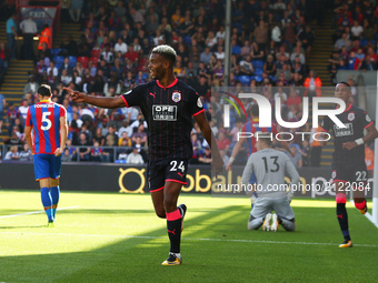 Huddersfield Town's JSteve Mounie celebrate the 3rd goal
during Premier League  match between Crystal Palace and Huddersfield Town at Selhur...