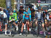 (Left-Right) Alexander Kristoff (Team Katusha–Alpecin), Green Jersey - August Jensen (Team COOP), Blue-Orange Leader Jersey - Dylan Teuns (B...