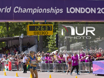 Antonella Palmisano  finishing third at Women 20 K Race Walk at IAAF World Championships in London, UK on August 13, 2017. The race took pla...