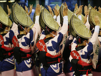 Participants dance as the Awa Odori dance festival begins on August 12, 2017 in Tokushima, Japan. (