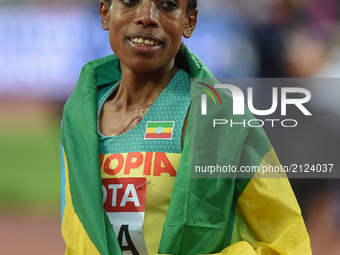 Almaz Ayanaof  Ethiopia, winning the silver in the 5000 meter  final in London at the 2017 IAAF World Championships athletics. (