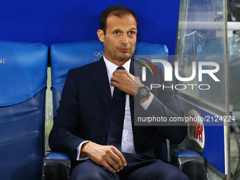 Juventus's coach Massimiliano Allegri reacts during the Italian SuperCup TIM football match Juventus vs lazio on August 13, 2017 at the Olym...