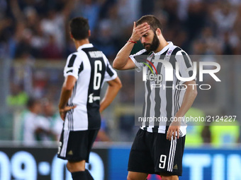 The delusion of Gonzalo Higuain of Juventus during the Italian SuperCup TIM football match Juventus vs lazio on August 13, 2017 at the Olymp...