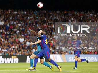 Gareth Bale and Samuel Umtiti during the spanish Super Cup match between F.C. Barcelona v Real Madrid, in Barcelona, on August 13, 2017. (
