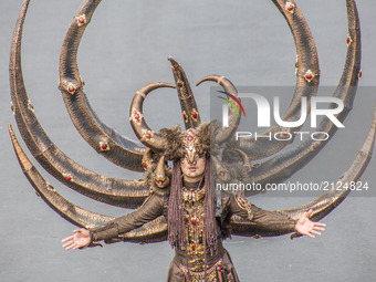  Model shows fashion creations during Grand Carnival as part of the 16th Jember Fashion Carnival on August 13, 2017 in Jember, East Java, In...