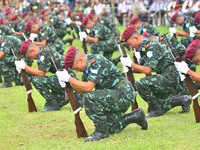 Cadres of National Socialist Council of Nagaland-Isak Muivah (NSCN-IM) perform a drill during the 71st Naga Independence Day celebration at...
