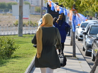 A woman walks toward a police checkpoint as pro-government supporters of President Recep Tayyip Erdogan gather at the Harikalar Diyari amuse...