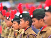 Contingents from National Cadres Corp (NCC) stand in formation during the 70th India Independence day celebration in Dimapur, India north ea...