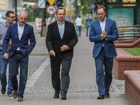PO (Civic Platform) Parliament members: Slawomir Neumann (L), Stanislaw Lamczyk (C) and Marshal of the Pomorskie Voivodeship Mieczyslaw Stru...