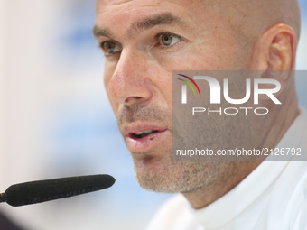 Real Madrid's French coach Zinedine Zidane speaks during a press conference at Real Madrid sports city in Madrid on August 15, 2017, on the...