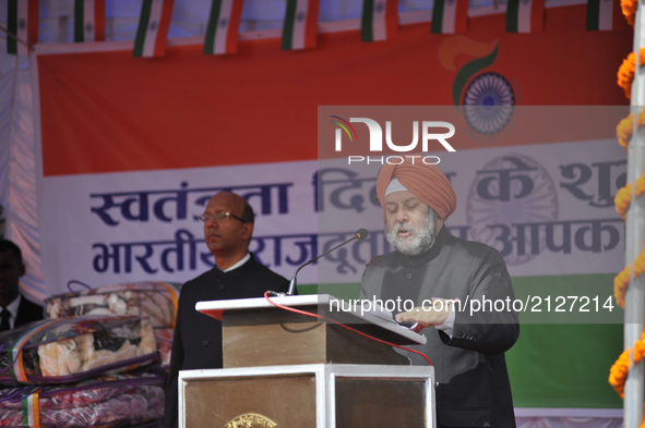 Indian Ambassador to Nepal Manjeev Singh Puri delivers his Independence Day speech at the Embassy premises during celebration of India's 71s...