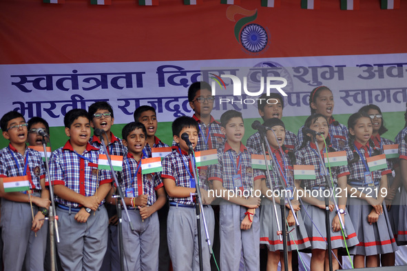 Kids from School singing song during India's 71st Independence Day at Kathmandu, Nepal on Tuesday, August 15, 2017. 