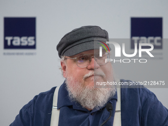 American novelist and short-story writer, screenwriter, and television producer George R. R. Martin attends a press conference  on August 16...