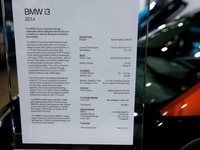 NEW YORK - April 17, 2014. Tech specs of the BMW i3 which won two World Car Awards at the New York International Auto Show in Jacob Javits C...