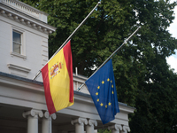 Flags fly at halfmast at Spanish Embassy in Central London, following the two terror attacks in Barcelona and Cambrils in Spain, London on A...