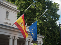 Flags fly at halfmast at Spanish Embassy in Central London, following the two terror attacks in Barcelona and Cambrils in Spain, London on A...