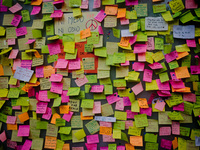Messages hang  in Las Ramblas of Barcelona, Spain, on 18 August 2017, to pay tribute to the victims a day after a van ploughed into the crow...