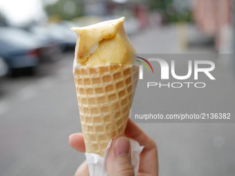 Ice cream is seen in a gluten free cone on 20 August, 2017. (
