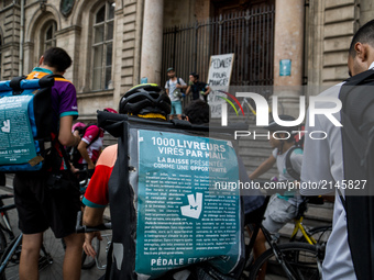 Demonstration of delivery driver of the Deliveroo company to request a better remuneration from the company to the biker in Lyon on August 2...