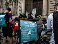Demonstration of delivery driver of the Deliveroo company to request a better remuneration from the company to the biker in Lyon on August 2...
