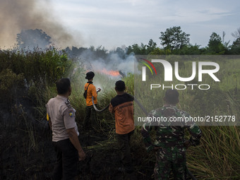 Firefighters trying to extinguish a land and forest fire on Augustus 30, 2017 in Pekanbaru, Indonesia
The high winds and the difficulty of...