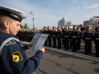 Nakhimov Naval School cadet at an oath-taking ceremony during the start of a new school year on Knowledge Day in St Petersburg, Russia, on 1...
