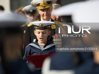 Nakhimov Naval School cadet at an oath-taking ceremony during the start of a new school year on Knowledge Day in St Petersburg, Russia, on 1...