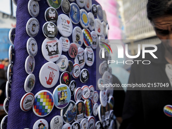 Street vendors sell pins of Santiago Maldonado during a demonstration at Plaza de Mayo on Sep. 1, 2017 in Buenos Aires, Argentina.
On Augus...