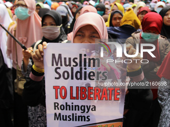Indonesian Muslim activists who are members of the Muslim Friends of Rohingya took action at the Embassy of Myanmar, Jakarta, Indonesia, Mon...