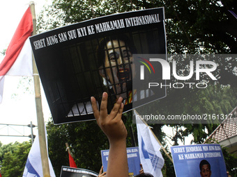 Indonesian peoples held a rally as a form of solidarity for the Rohingyas in front of the Myanmar Embassy for Indonesia in Jakarta, Septembe...