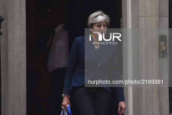 Britain's Prime Minister, Theresa May, leaves Downing Street heading to the Parliament begin debate to key Brexit Bill, London on September...