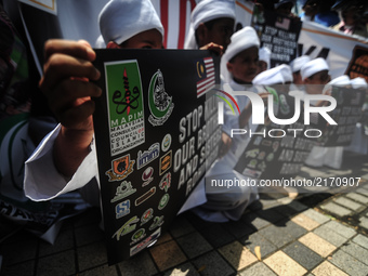 Demonstrator's holds banners during a protest of the genocide of Ethnic Rohingya Muslims in Myanmar, in George Town, Penang on September 8,...