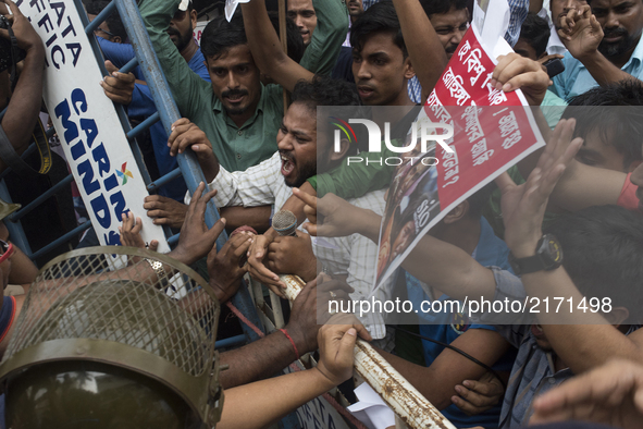 Members of SIO organisation protesting against the Rohingya Muslim genocide in front of Myanmar Bhavan in Kolkata, India, on September 2017....
