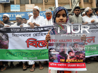 Bangladeshi Muslims protests at Baitul Makaram National Mosque in Dhaka on 8 September 2017  demanding an end to the persecution of Rohingya...