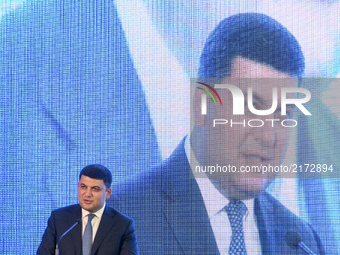 Ukrainian Prime Minister Volodymyr Groysman delivers a speech during a conference, dedicated to transport issues, following a meeting with h...