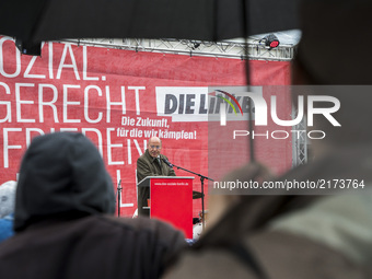 President of the European Left and politician Gregor Gysi (Die Linke) speaks at a pre-election party event at Herrmannplatz in Neukoelln in...