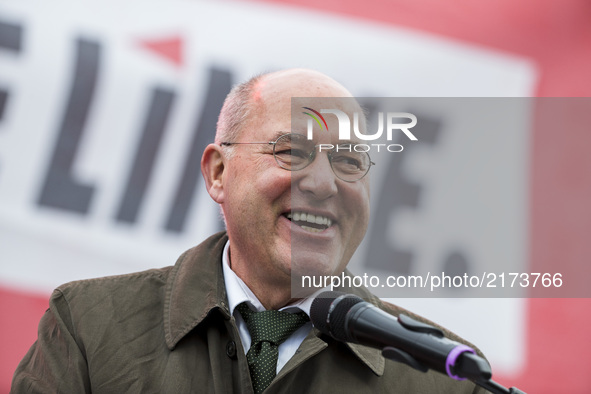 President of the European Left and politician Gregor Gysi (Die Linke) speaks at a pre-election party event at Herrmannplatz in Neukoelln in...