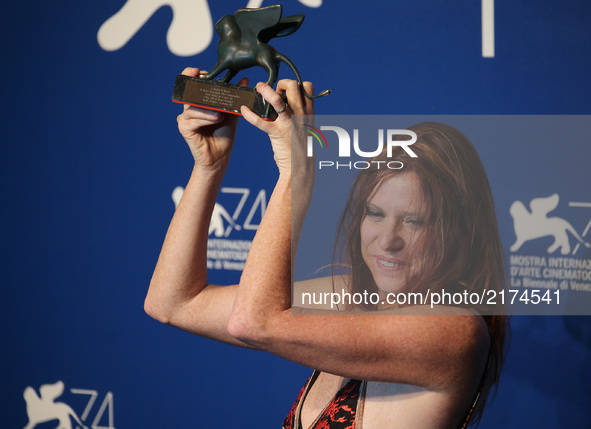 Venice, Italy. 09 September, 2017.   Susanna Nicchiarelli poses with the Orizzonti Award for Best Film for 'Nico, 1988' at the Award Winners...