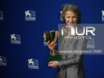 Charlotte Rampling poses with the Coppa Volpi for Best Actress Award for 'Hannah' at the Award Winners photocall during the 74th Venice Film...
