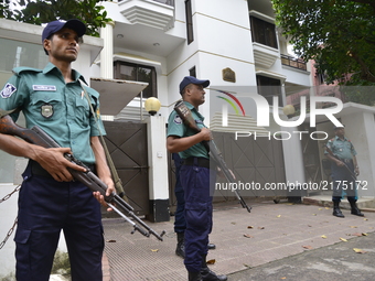 Bangladeshi Police stand guard in front of Myanmar Embassy in Dhaka, Bangladesh, on September 10, 2017.  Tens of thousands more people have...