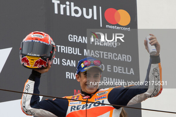 Marc Marquez of Repsol Honda Team celebrate the victory of the Tribul Mastercard Grand Prix of San Marino and Riviera di Rimini, at Misano W...