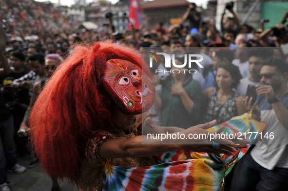 A mask dancer 'Lakhay', dancing in the traditional ritual tunes of drums on the last day of Indra Jatra Festival celebrated in Basantapur Du...