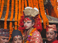 Devotees carrying Goddess 'Kumari' for the chariot pulling festival on the last day of Indra Jatra Festival celebrated in Basantapur Durbar...