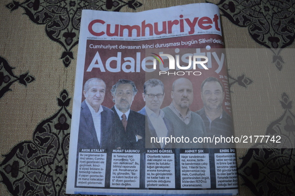 A copy of Turkey's opposition daily newspaper Cumhuriyet is displayed on the screen in Ankara, Turkey on September 11, 2017 as the daily app...