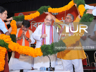 
BJP Chief Amit Shah ,BJP general secretary Kailash Vijayvargiya,  , ,State BJP president Dilip Ghosh during special convention in Kolkata...