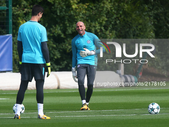 Chelsea's Willy Caballero
during Chelsea Training session priory to they game against FK Qarabag at Cobham Training Ground on September 11,...