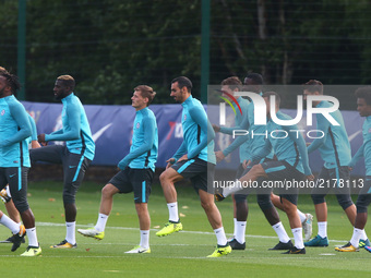 Chelsea players
during Chelsea Training session priory to they game against FK Qarabag at Cobham Training Ground on September 11, 2017 in Co...