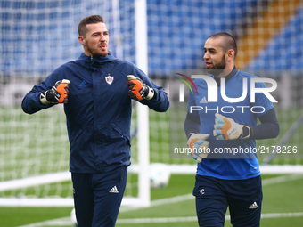 L-R Ibrahim Sehic of Qarabag FK and AShahrudin Mahammadaliyev of Qarabag FK
during Qarabag FK  Training session priory to they game against...