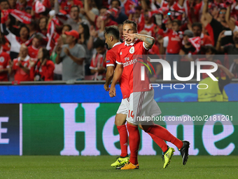 Benficas forward Haris Seferovic from Switzerland celebrating after scoring a goal during the SL Benfica v CSKA Moskva - UEFA Champions Leag...