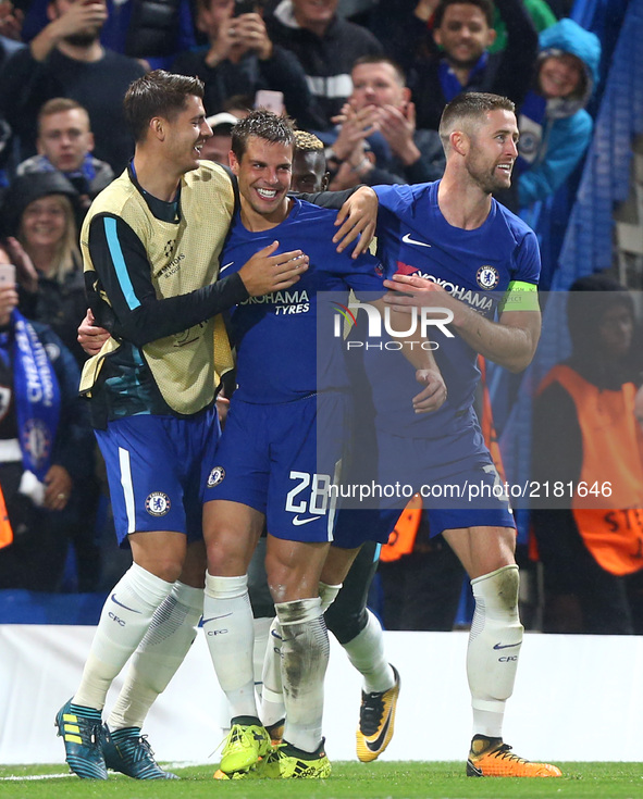 Chelsea's Cesar Azpilicueta celebrates his goal
during UEFA Champions League - Group C match between Chelsea and FK Qarabag at Stanford Brid...